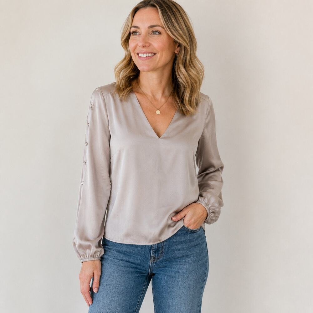 Banana Republic Long Sleeve with button detail and V- Neck in Taupe. Women XS